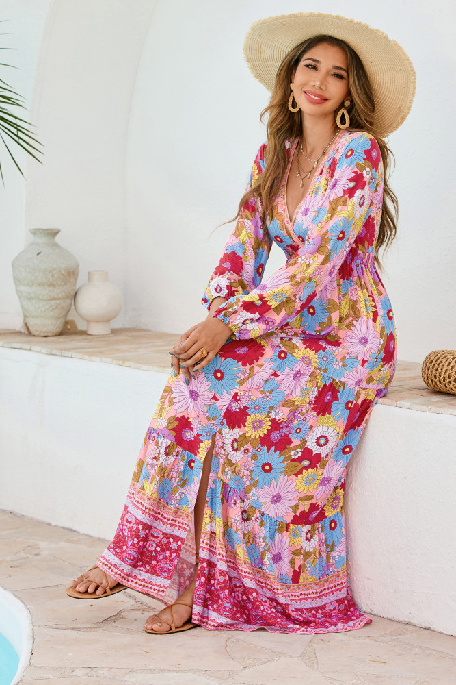 R.Vivimos Women's Boho Floral Print Maxi Dress V Neck Long Sleeve Elastic Waist Casual Flowy Slit Long Sundress