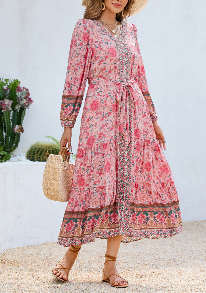 R.Vivimos Women's Long Sleeve Boho Midi Dress V Neck Floral Print Casual Button Down Loose Ruffle Beach Long Dress with Belt