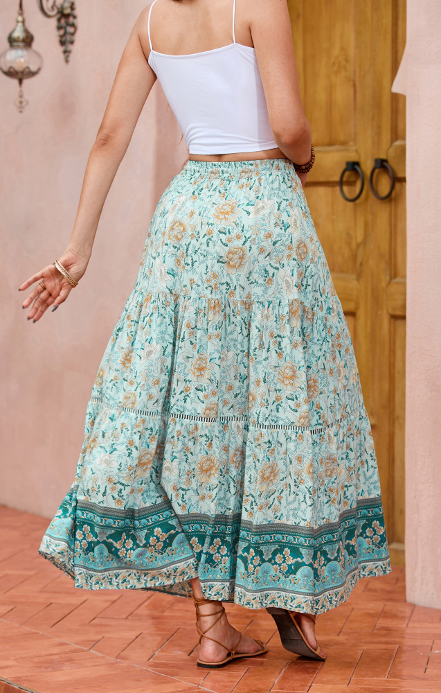 R.Vivimos Womens Summer Cotton Vintage Floral Print Boho Casual Long Skirt