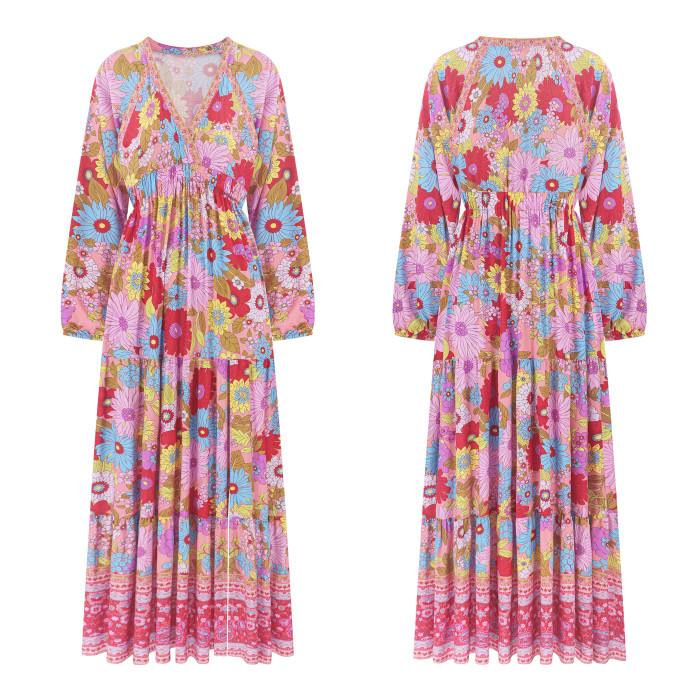 R.Vivimos Women's Boho Floral Print Maxi Dress V Neck Long Sleeve Elastic Waist Casual Flowy Slit Long Sundress