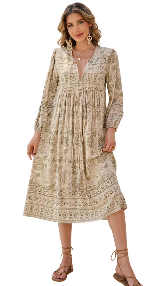 R.Vivimos Women's Long Sleeve Floral Print Retro V Neck Tassel Bohemian Midi Dresses