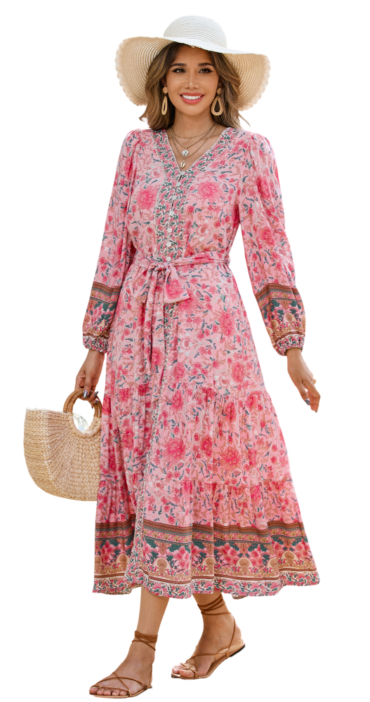 R.Vivimos Women's Long Sleeve Boho Midi Dress V Neck Floral Print Casual Button Down Loose Ruffle Beach Long Dress with Belt