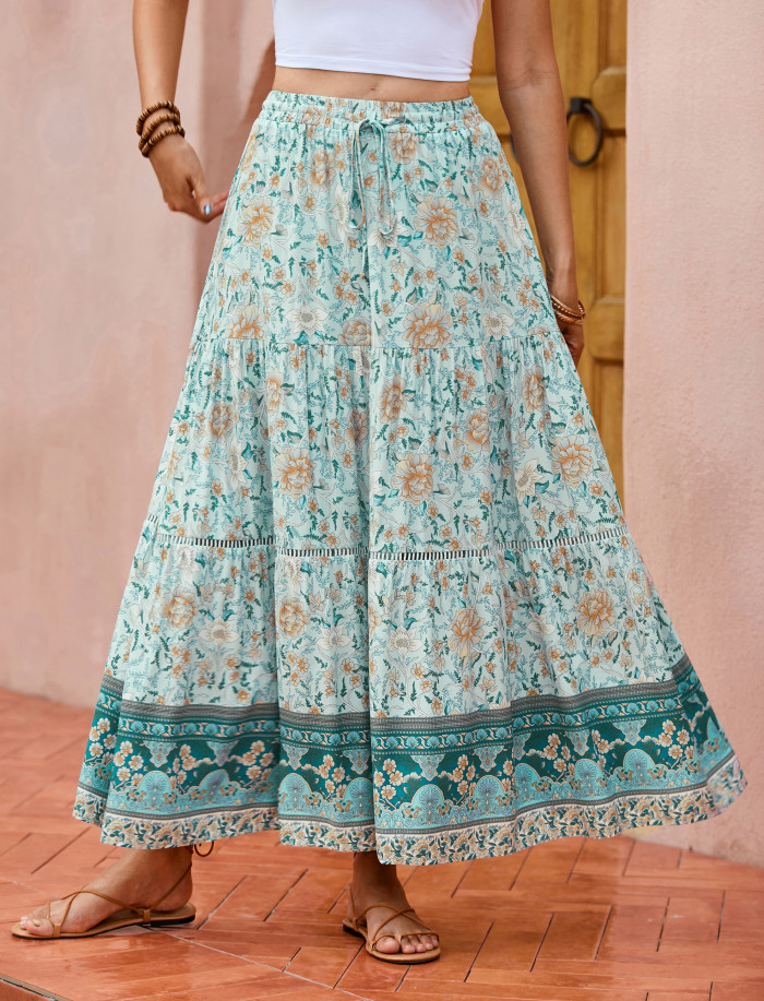 R.Vivimos Womens Summer Cotton Vintage Floral Print Boho Casual Long Skirt