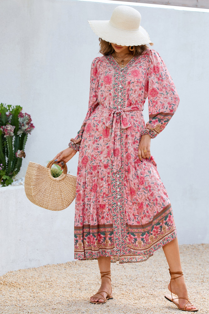 R.Vivimos Women's Long Sleeve Boho Midi Dress V Neck Floral Print Casual Button Down Loose Ruffle Beach Long Dress with Belt