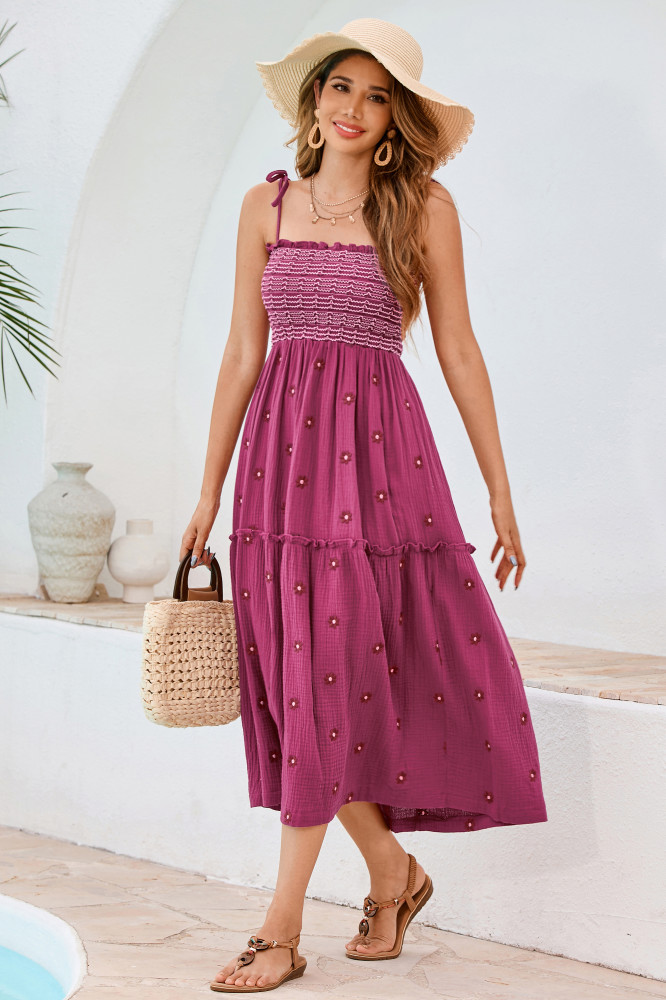 R.Vivimos Womens Summer Cotton Boho Midi Dress 2025 Spaghetti Strap Floral Embroidered Smocked Flowy Pockets Dress