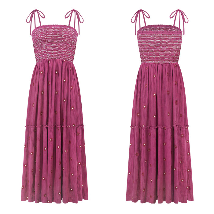 R.Vivimos Womens Summer Cotton Boho Midi Dress 2025 Spaghetti Strap Floral Embroidered Smocked Flowy Pockets Dress