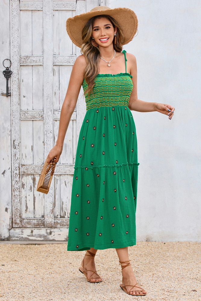 R.Vivimos Womens Summer Cotton Boho Midi Dress 2025 Spaghetti Strap Floral Embroidered Smocked Flowy Pockets Dress