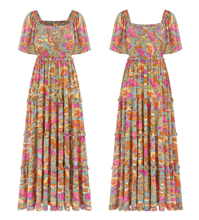 R.Vivimos Womens Summer 2025 Maxi Dress Short Sleeve Square Neck Elastic Smocked Swiss Dots Casual A-Line Flowy Long Dresses