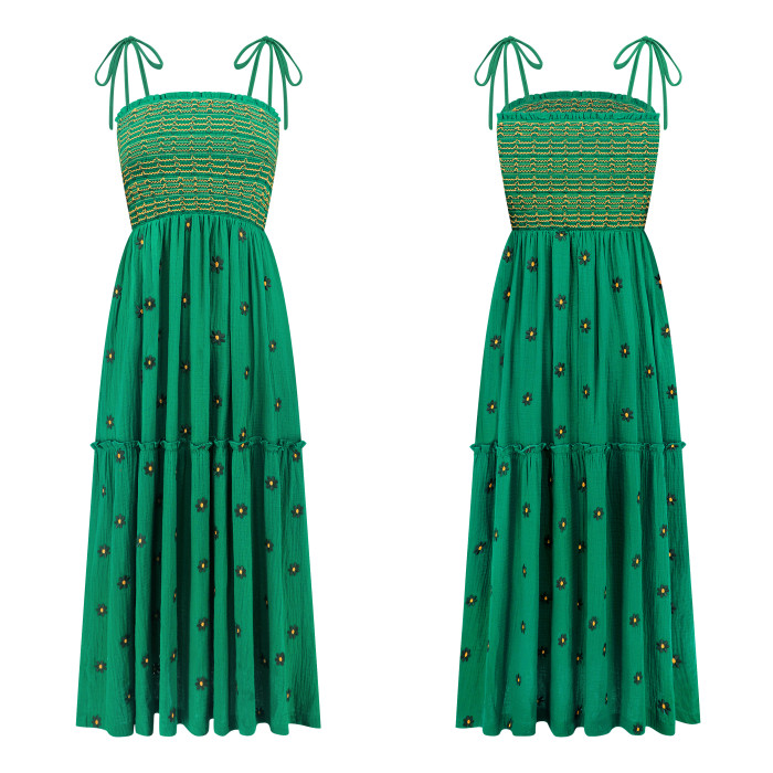 R.Vivimos Womens Summer Cotton Boho Midi Dress 2025 Spaghetti Strap Floral Embroidered Smocked Flowy Pockets Dress