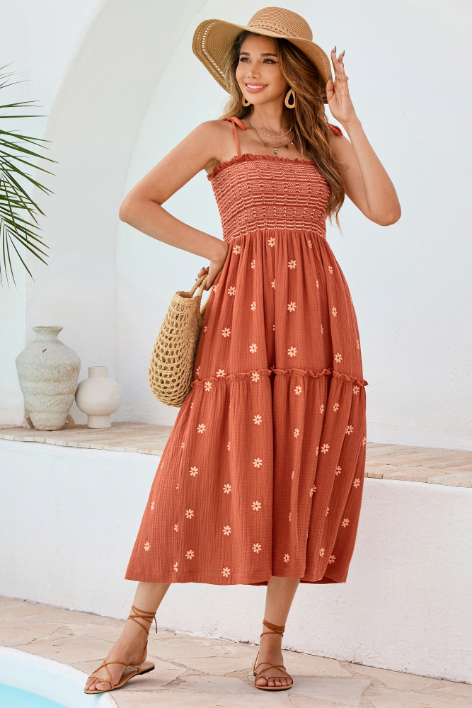 R.Vivimos Womens Summer Cotton Boho Midi Dress 2025 Spaghetti Strap Floral Embroidered Smocked Flowy Pockets Dress