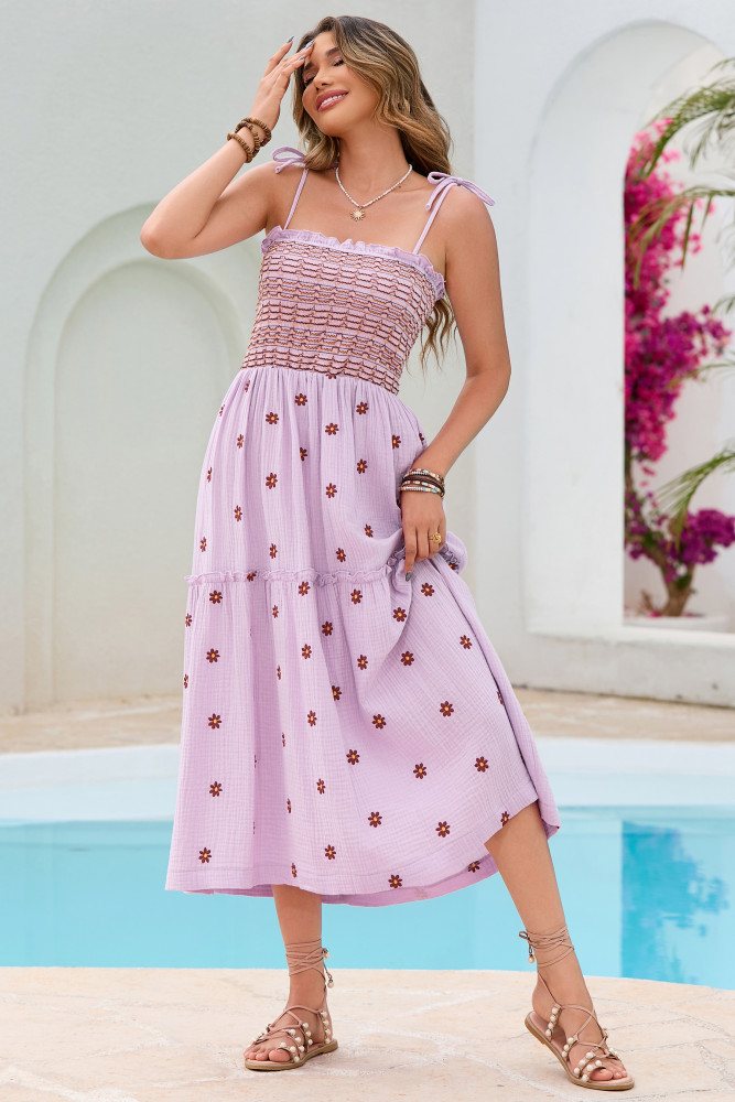 R.Vivimos Womens Summer Cotton Boho Midi Dress 2025 Spaghetti Strap Floral Embroidered Smocked Flowy Pockets Dress