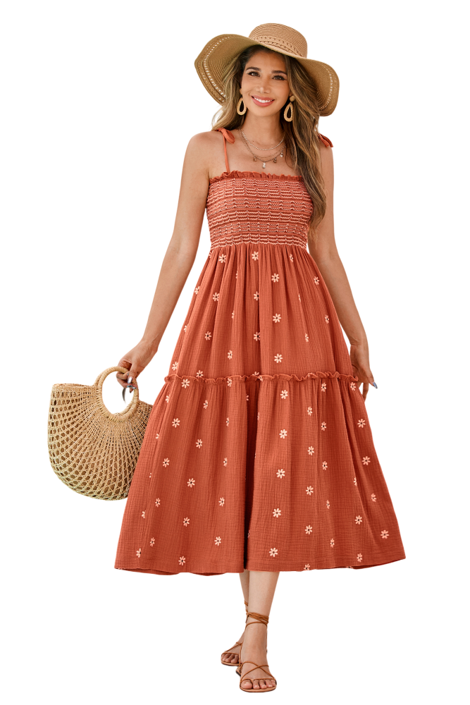 R.Vivimos Womens Summer Cotton Boho Midi Dress 2025 Spaghetti Strap Floral Embroidered Smocked Flowy Pockets Dress