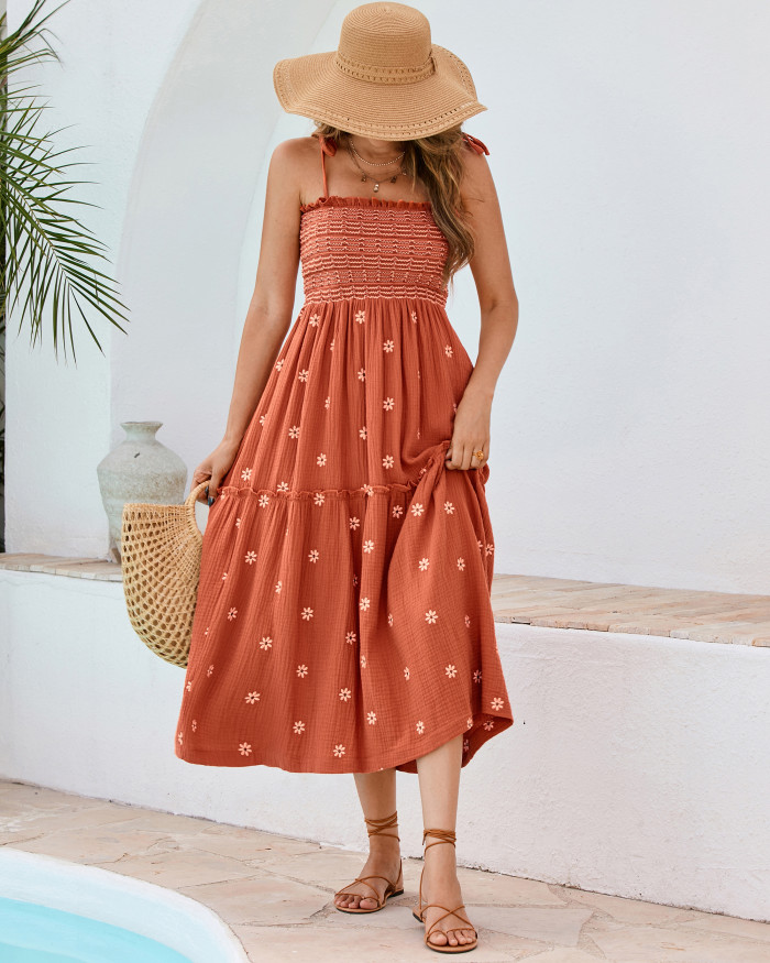 R.Vivimos Womens Summer Cotton Boho Midi Dress 2025 Spaghetti Strap Floral Embroidered Smocked Flowy Pockets Dress