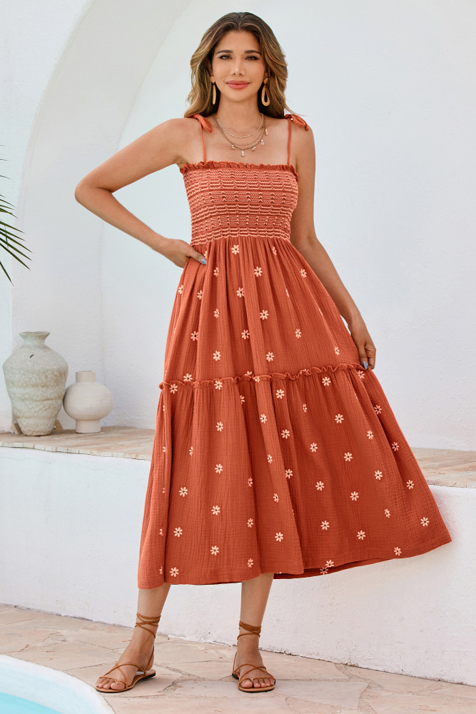 R.Vivimos Womens Summer Cotton Boho Midi Dress 2025 Spaghetti Strap Floral Embroidered Smocked Flowy Pockets Dress