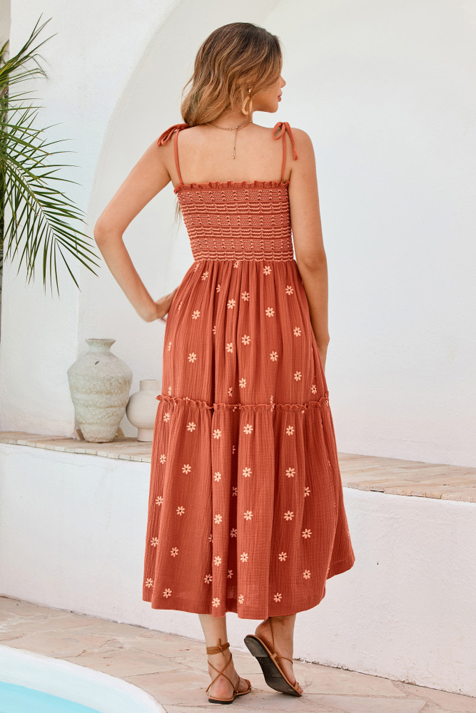 R.Vivimos Womens Summer Cotton Boho Midi Dress 2025 Spaghetti Strap Floral Embroidered Smocked Flowy Pockets Dress