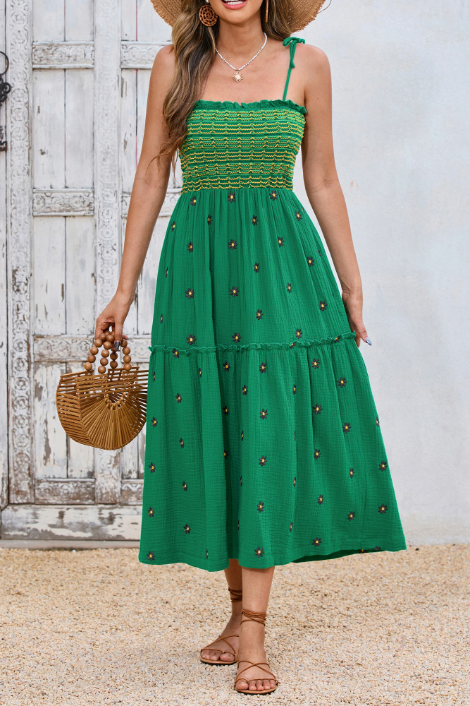 R.Vivimos Womens Summer Cotton Boho Midi Dress 2025 Spaghetti Strap Floral Embroidered Smocked Flowy Pockets Dress