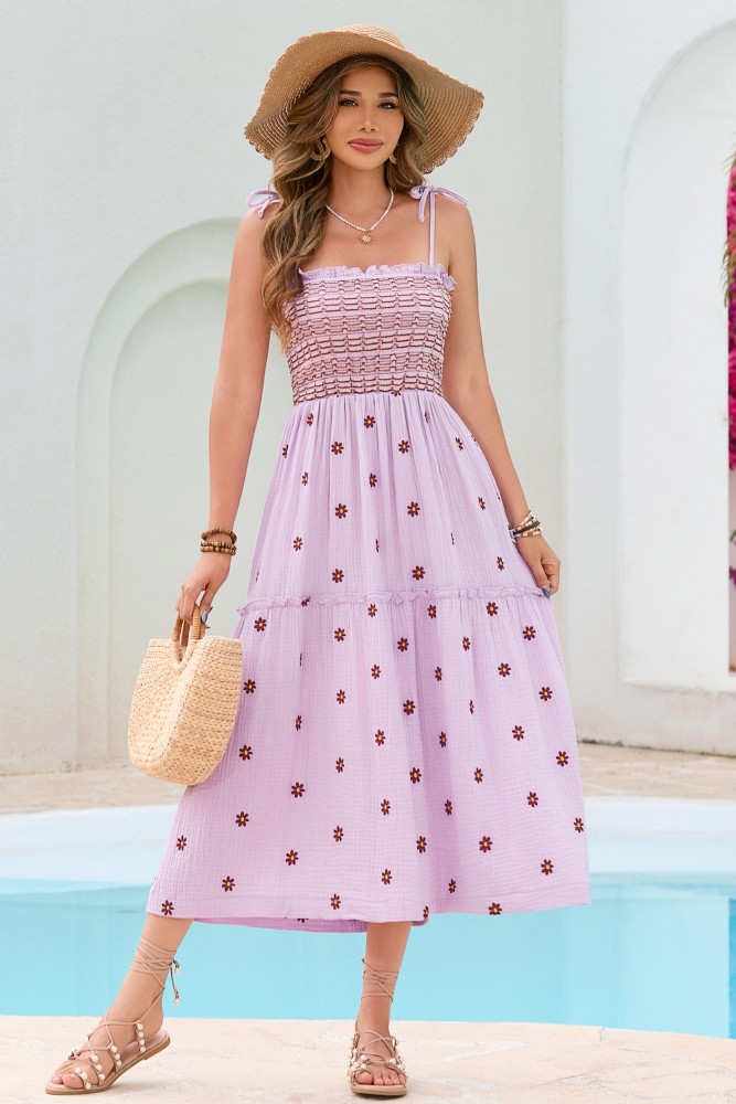 R.Vivimos Womens Summer Cotton Boho Midi Dress 2025 Spaghetti Strap Floral Embroidered Smocked Flowy Pockets Dress