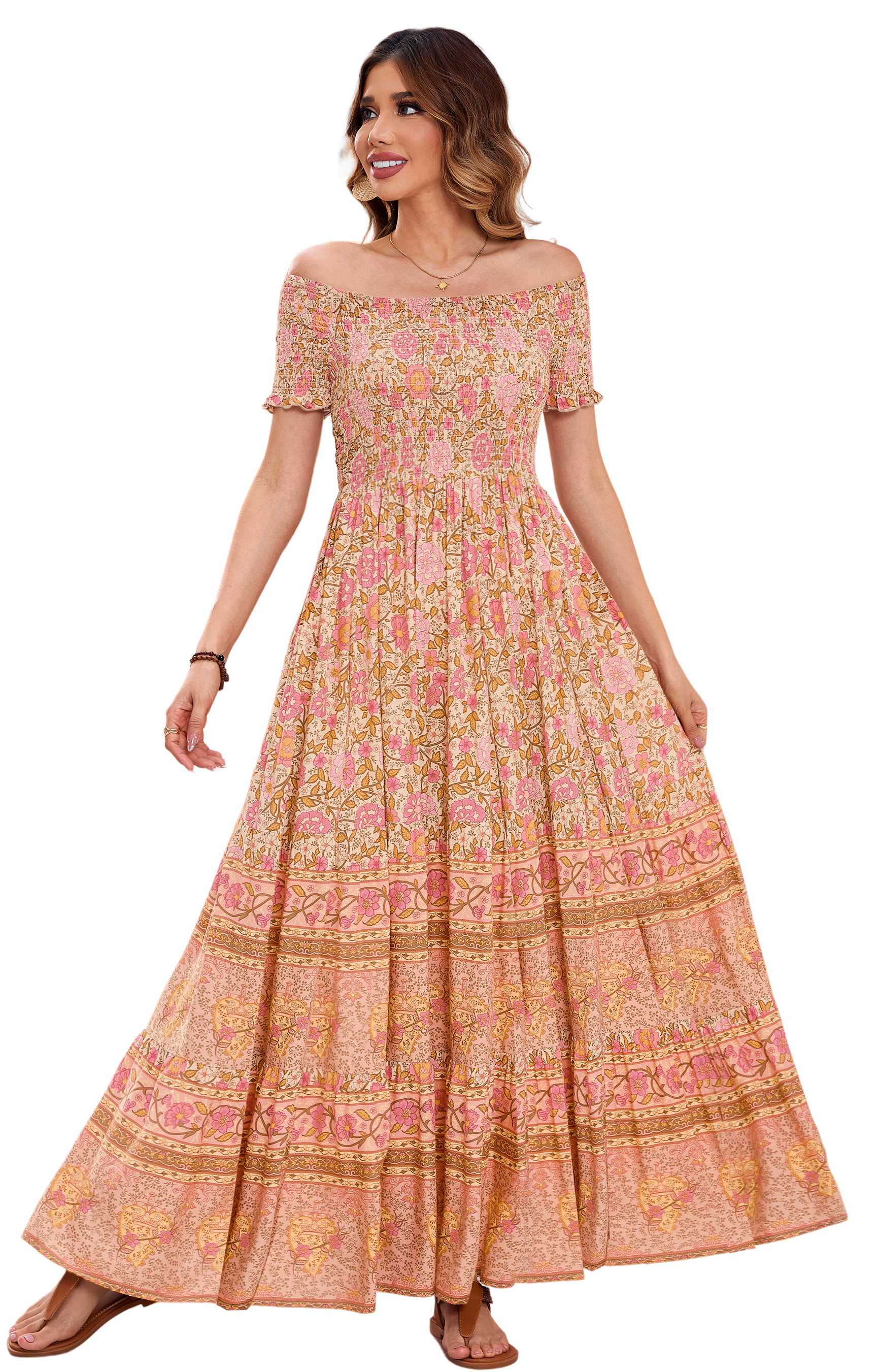 R.Vivimos Women's Summer Maxi Off-Shoulder Dresses Short Sleeve Empire Waist Boho Floral Print Casual Smocked Flowy Dresses2