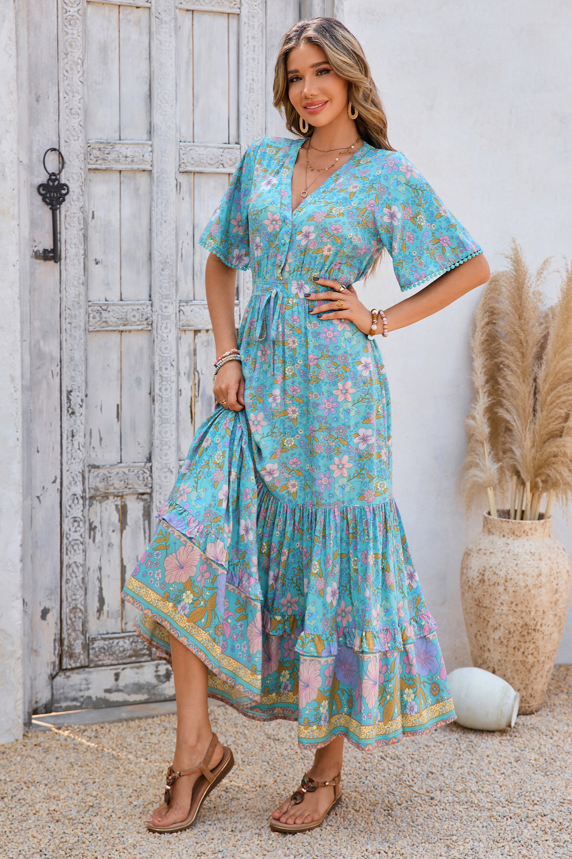 R.Vivimos Womens Summer Cotton Short Sleeve V Neck Floral Print Casual Bohemian Long Dresses3