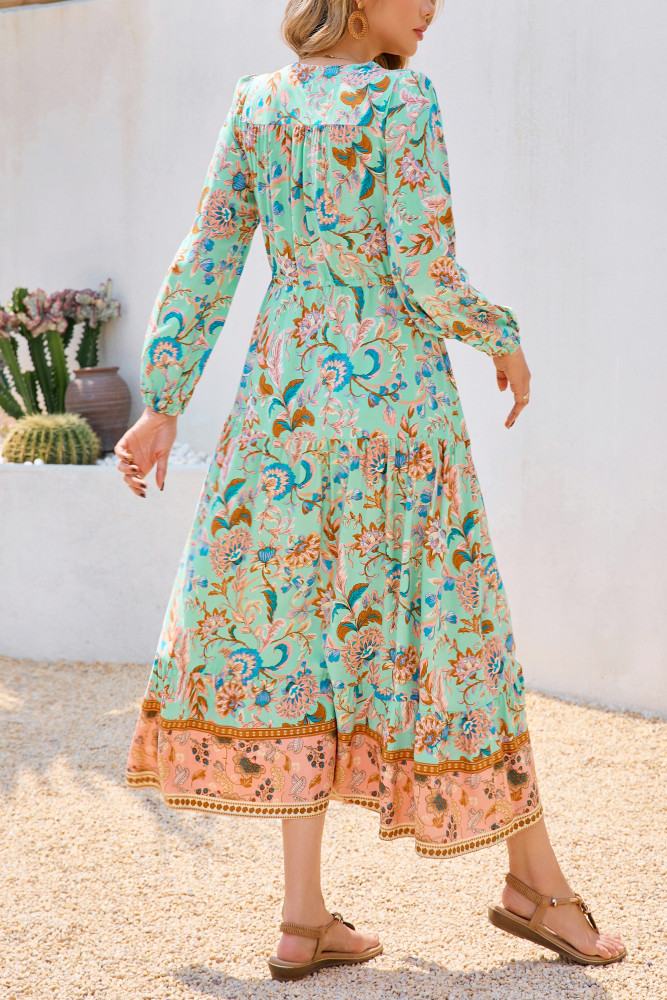 R.Vivimos Women's Long Sleeve Cotton V-Neck Button Up Floral Print Boho Flowy Midi Dresses