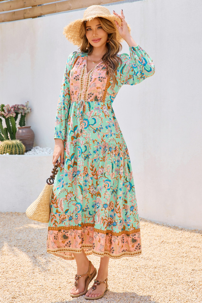 R.Vivimos Women's Long Sleeve Cotton V-Neck Button Up Floral Print Boho Flowy Midi Dresses