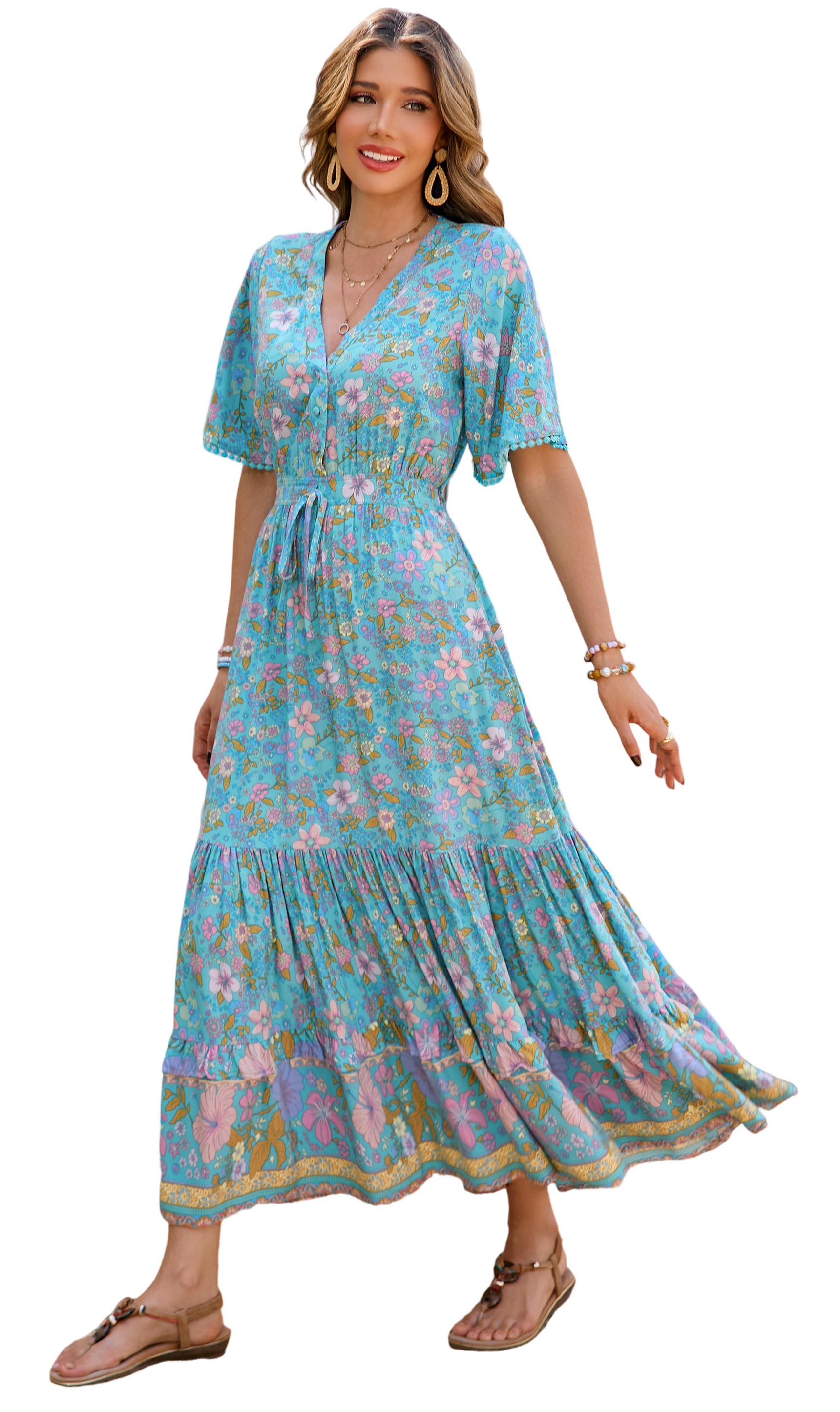 R.Vivimos Womens Summer Cotton Short Sleeve V Neck Floral Print Casual Bohemian Long Dresses