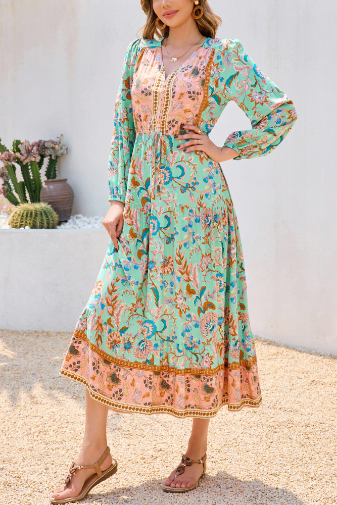 R.Vivimos Women's Long Sleeve Cotton V-Neck Button Up Floral Print Boho Flowy Midi Dresses