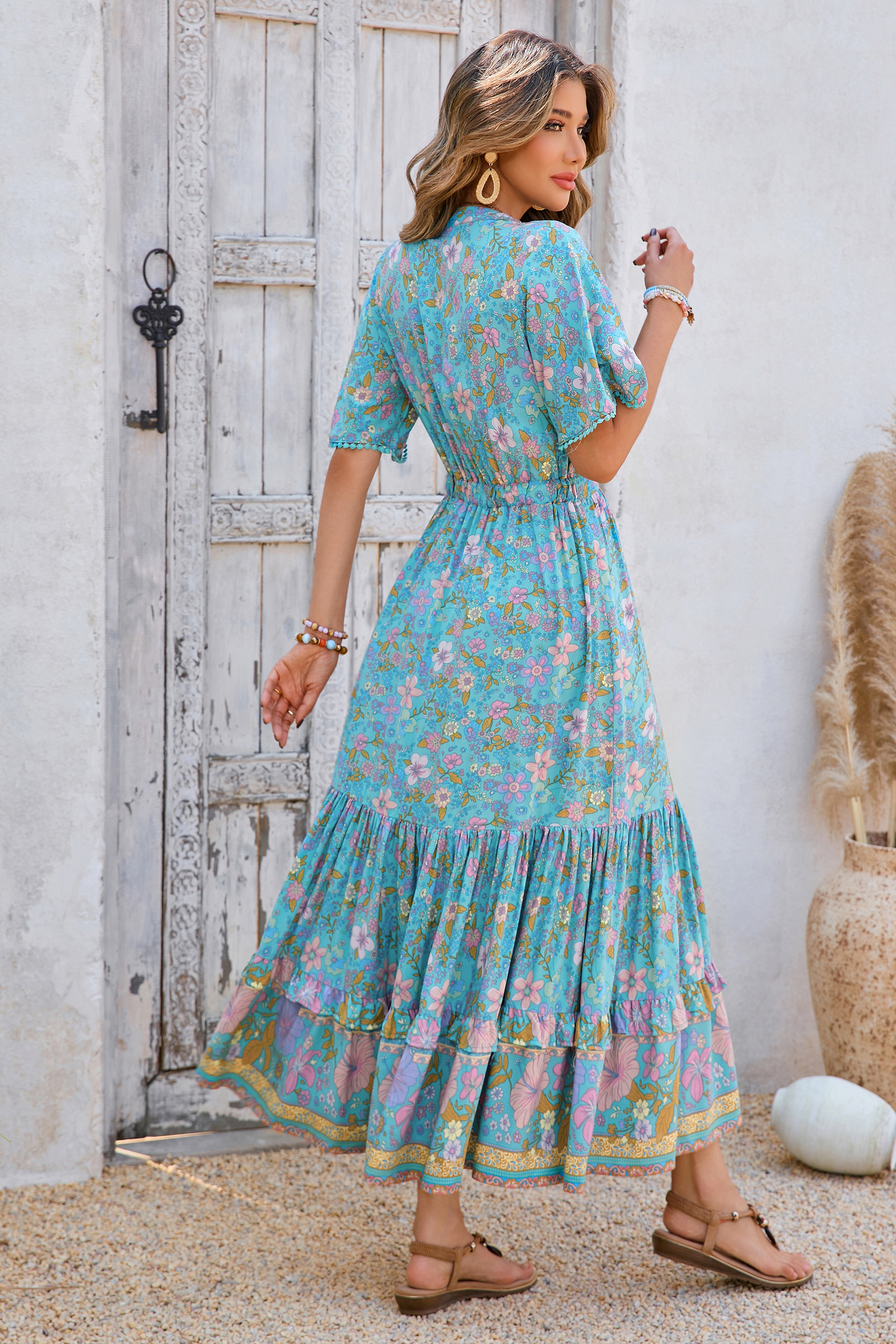 R.Vivimos Womens Summer Cotton Short Sleeve V Neck Floral Print Casual Bohemian Long Dresses4