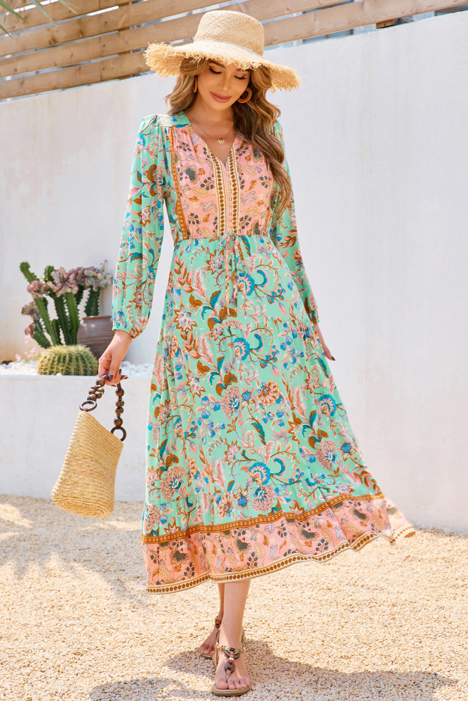 R.Vivimos Women's Long Sleeve Cotton V-Neck Button Up Floral Print Boho Flowy Midi Dresses