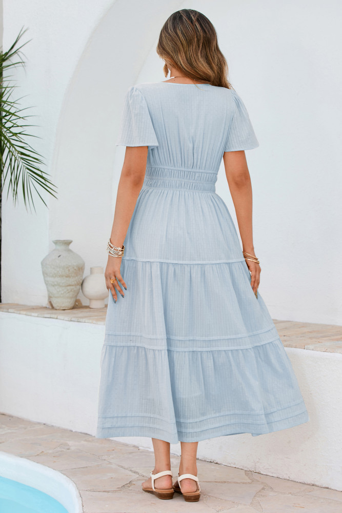 R.Vivimos Womens Summer Cotton Midi Dress 2025 Short Sleeve V Neck Elastic Waist Embroidered Tiered A-Line Long Dresses