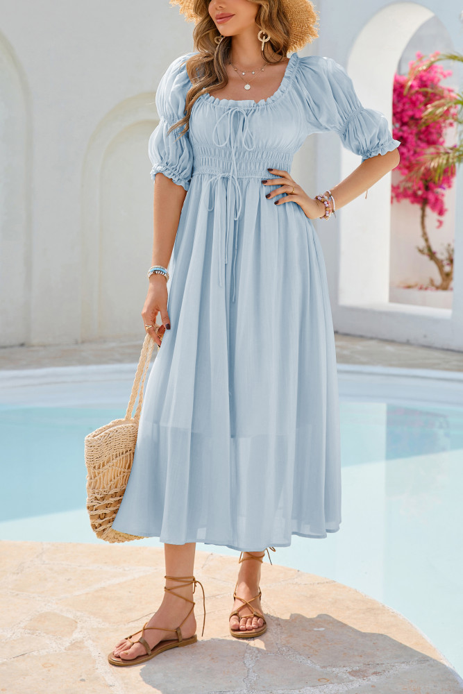 R.Vivimos Women's Summer Square Neck Midi Dress 2025 Casual Puff Half Sleeve Elastic Empire Waist Boho Flowy Long Dresses