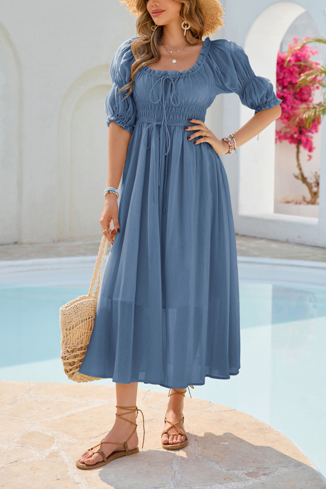 R.Vivimos Women's Summer Square Neck Midi Dress 2025 Casual Puff Half Sleeve Elastic Empire Waist Boho Flowy Long Dresses