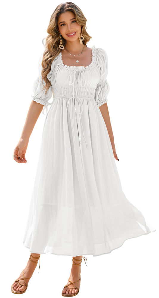 R.Vivimos Women's Summer Square Neck Midi Dress 2025 Casual Puff Half Sleeve Elastic Empire Waist Boho Flowy Long Dresses