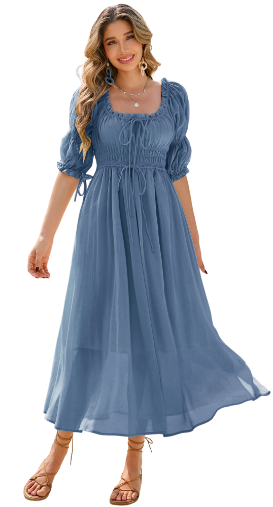 R.Vivimos Women's Summer Square Neck Midi Dress 2025 Casual Puff Half Sleeve Elastic Empire Waist Boho Flowy Long Dresses