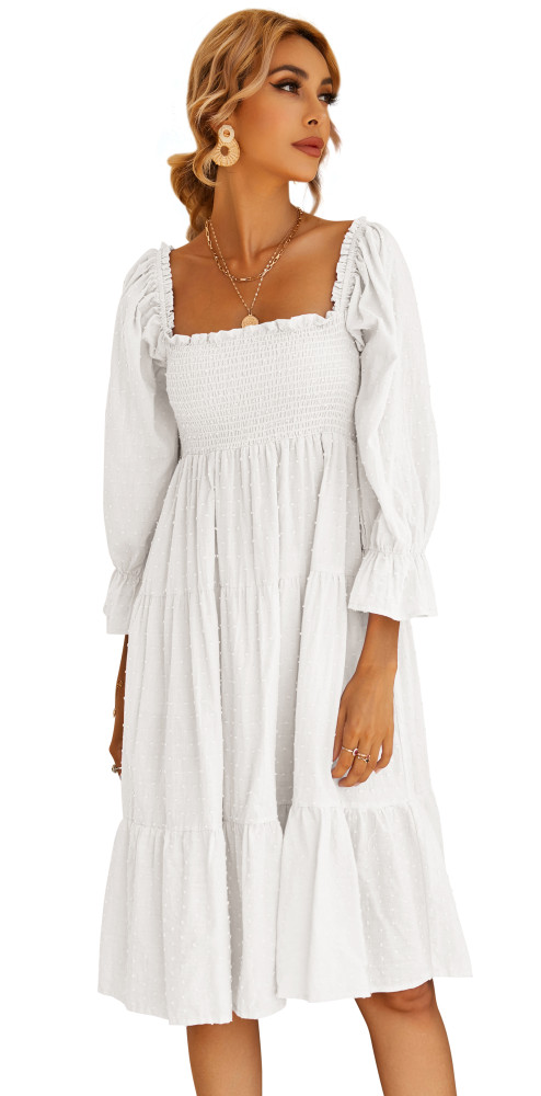 R.Vivimos Women's Summer Cotton Plaid Puff Sleeves Bow Casual Off-Shoulder Boho Midi Dress