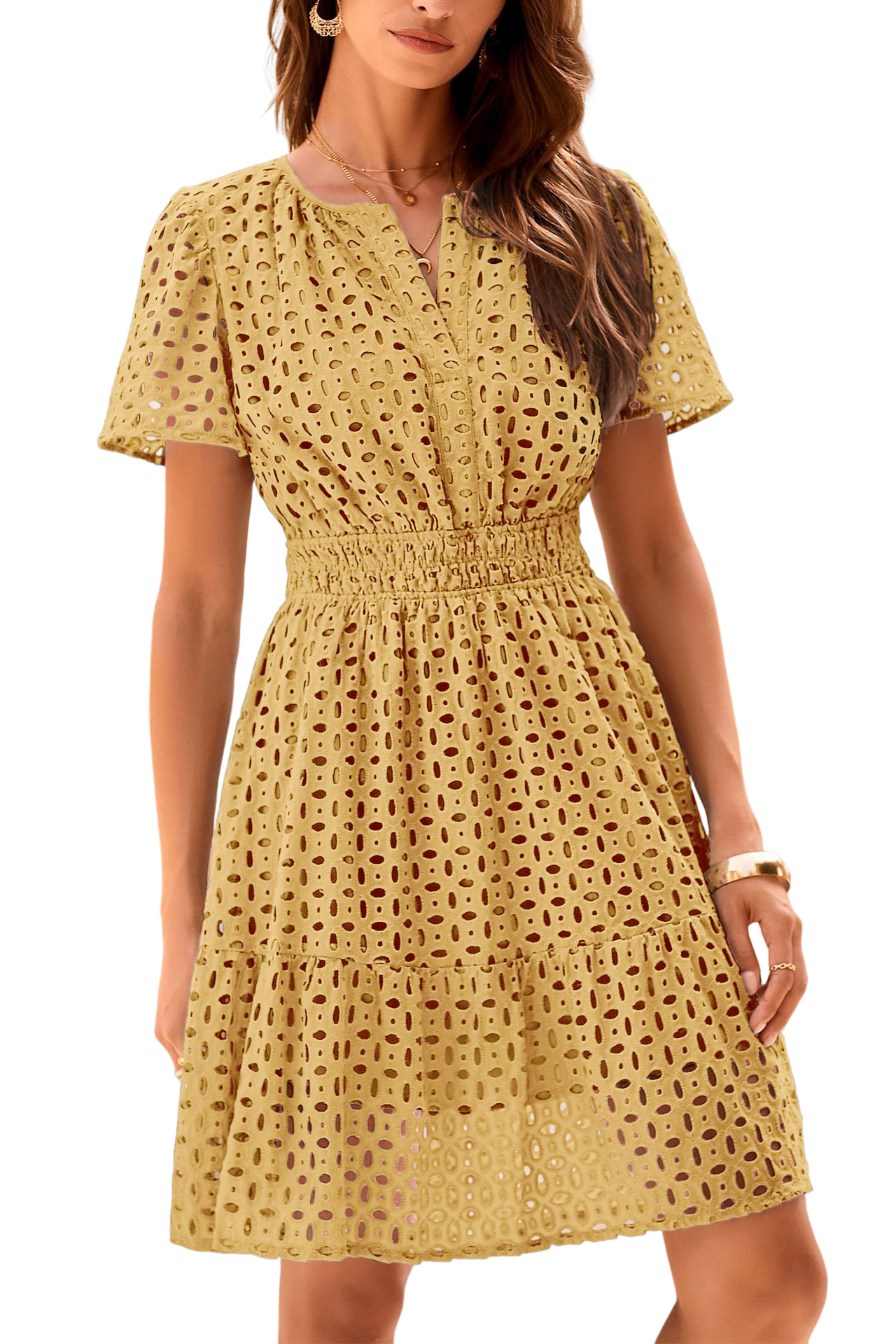 R.Vivimos Womens Summer Cotton Eyelet Dress 2025 Short Sleeve V Neck Elastic Waist Embroidered Hollow Out A-Line Mini Dress4