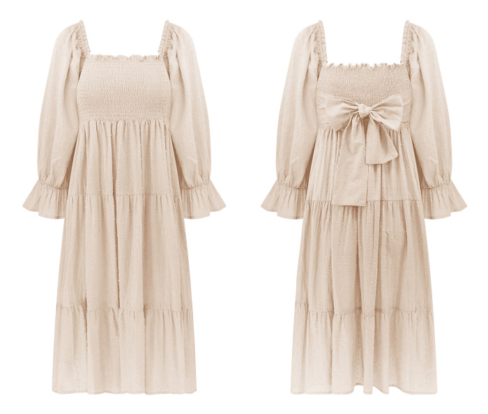 R.Vivimos Women's Summer Cotton Plaid Puff Sleeves Bow Casual Off-Shoulder Boho Midi Dress