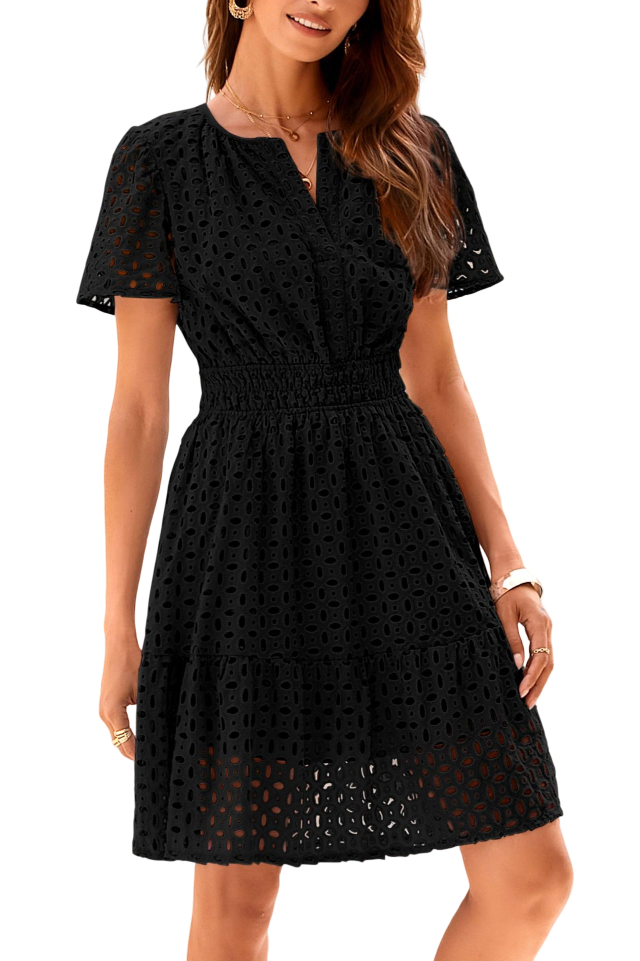R.Vivimos Womens Summer Cotton Eyelet Dress 2025 Short Sleeve V Neck Elastic Waist Embroidered Hollow Out A-Line Mini Dress2