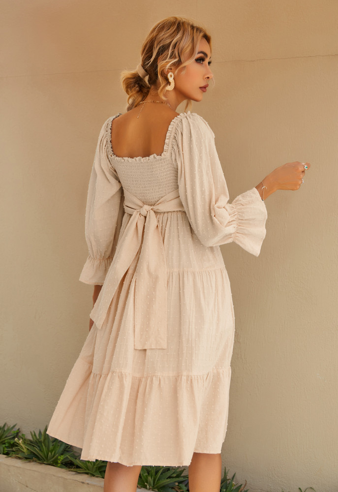 R.Vivimos Women's Summer Cotton Plaid Puff Sleeves Bow Casual Off-Shoulder Boho Midi Dress