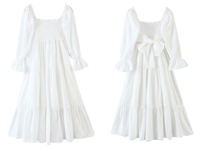 R.Vivimos Women's Summer Cotton Plaid Puff Sleeves Bow Casual Off-Shoulder Boho Midi Dress