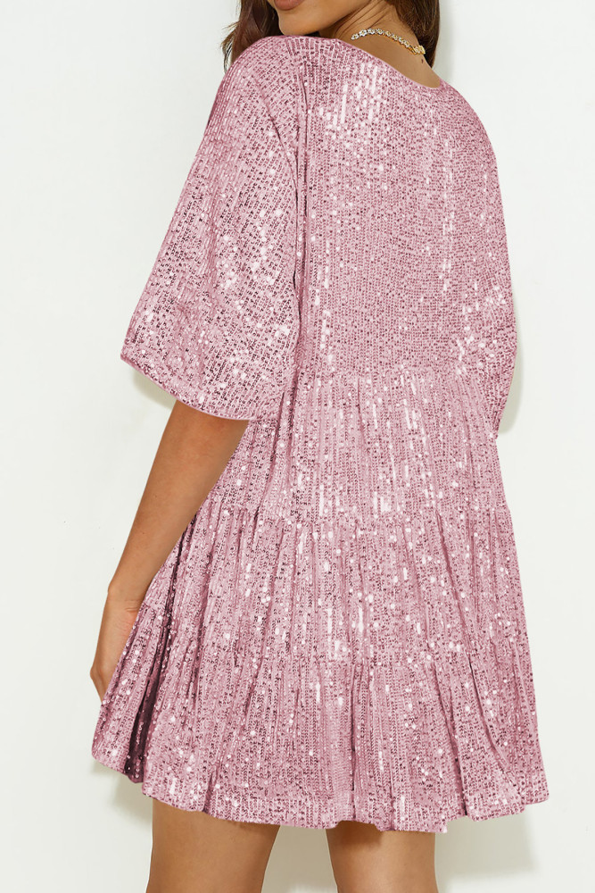R.Vivimos Sparkly Sequin Babydoll Dress for Women 2025 Summer Short Sleeve Loose Tiered Swing Tunic Mini Dress Clubwear