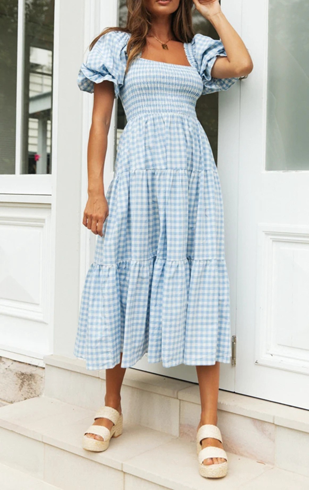 R.Vivimos Summer Boho Plaid Midi Dresses for Women 2025 Puff Sleeve Square Neck Casual Smocked Ruffle Tiered Flowy Dresses3