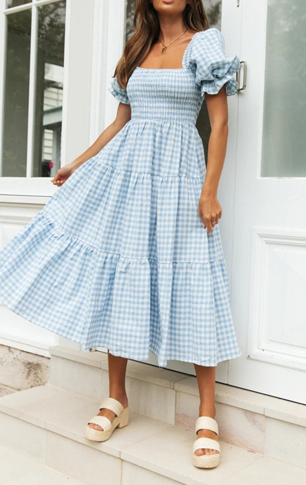 R.Vivimos Summer Boho Plaid Midi Dresses for Women 2025 Puff Sleeve Square Neck Casual Smocked Ruffle Tiered Flowy Dresses4