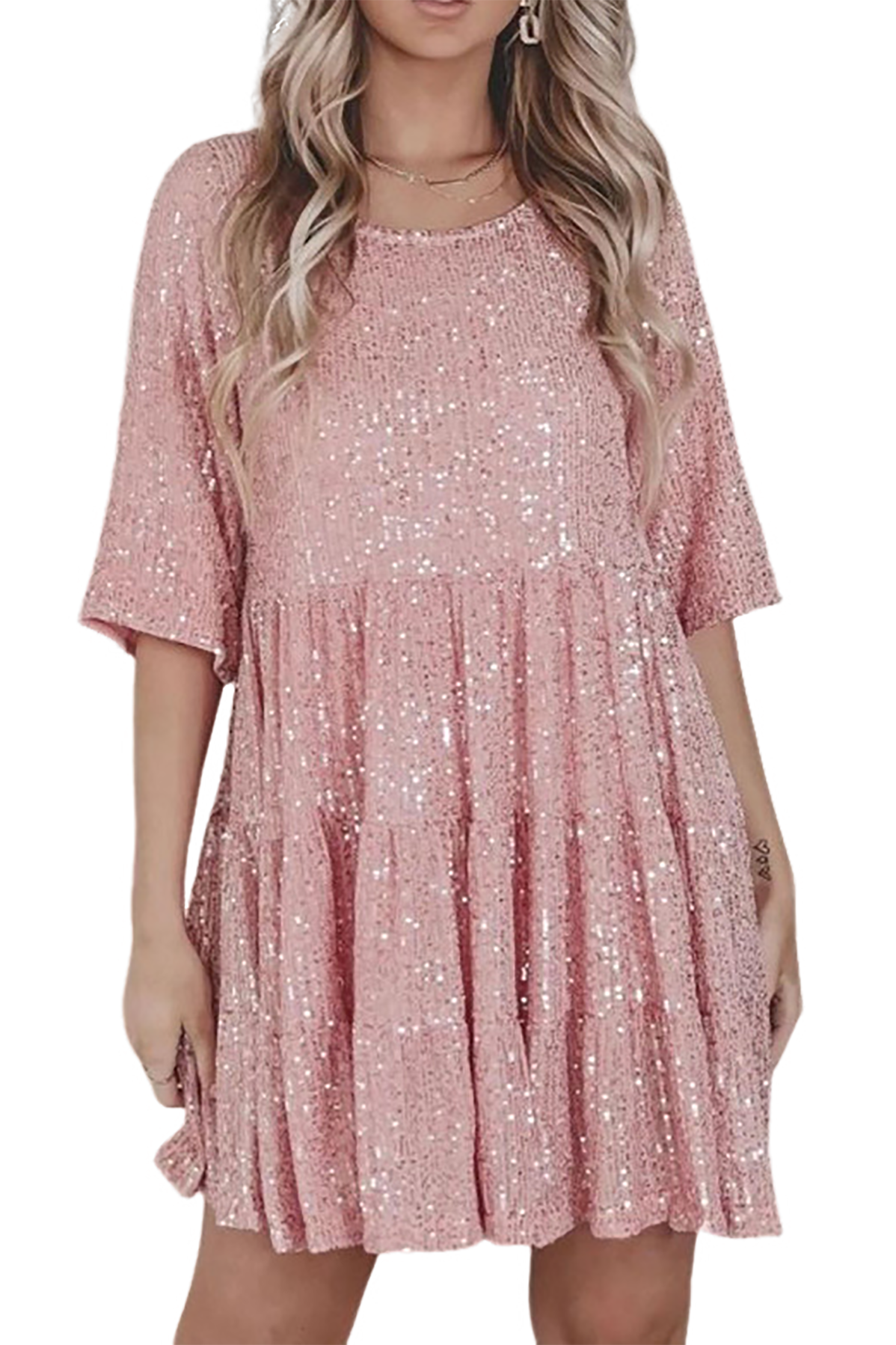 R.Vivimos Sparkly Sequin Babydoll Dress for Women 2025 Summer Short Sleeve Loose Tiered Swing Tunic Mini Dress Clubwear3