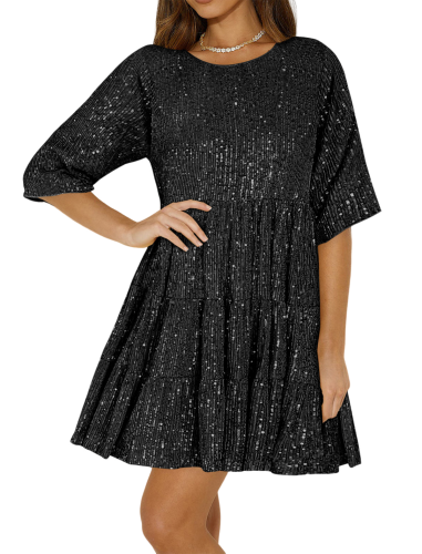 R.Vivimos Sparkly Sequin Babydoll Dress for Women 2025 Summer Short Sleeve Loose Tiered Swing Tunic Mini Dress Clubwear