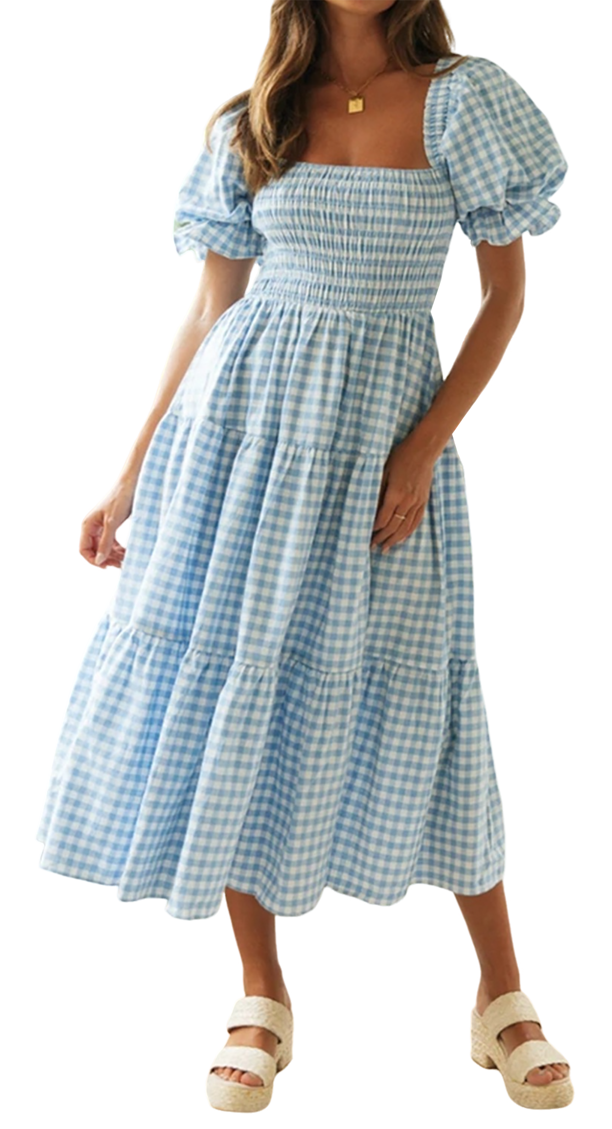 R.Vivimos Summer Boho Plaid Midi Dresses for Women 2025 Puff Sleeve Square Neck Casual Smocked Ruffle Tiered Flowy Dresses