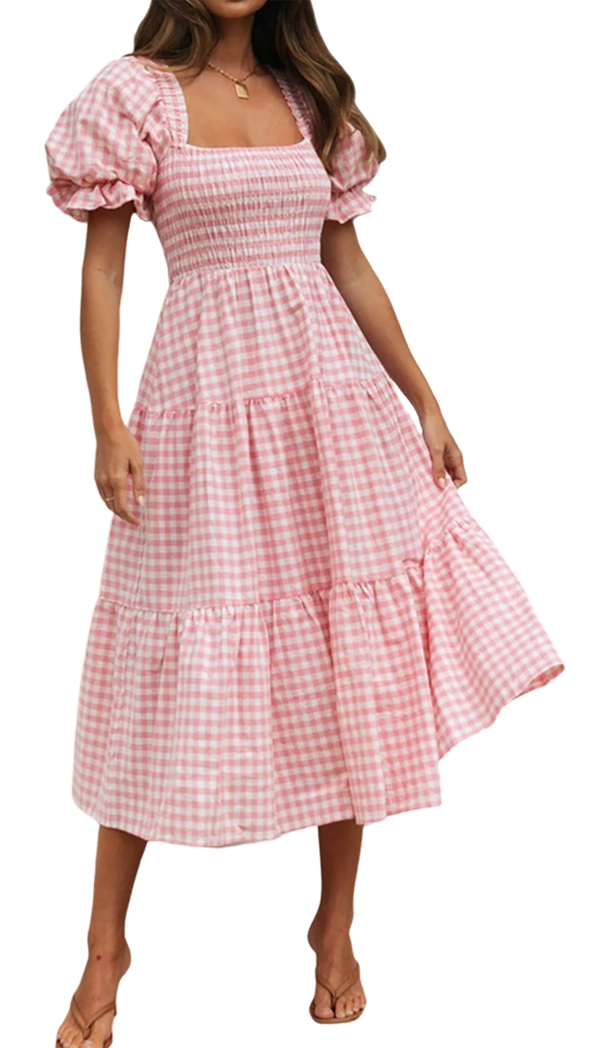 R.Vivimos Summer Boho Plaid Midi Dresses for Women 2025 Puff Sleeve Square Neck Casual Smocked Ruffle Tiered Flowy Dresses2