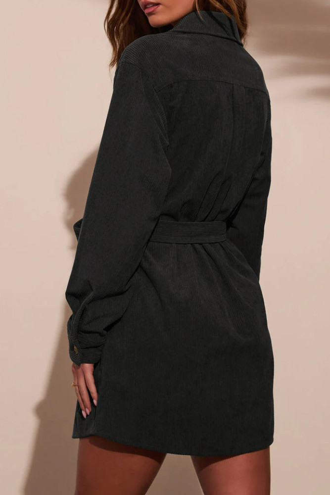 R.Vivimos Corduroy Cotton Mini Dress Fall Winter 2025 Casual Long Sleeve Button Down Belted Shirt Dress with Pockets
