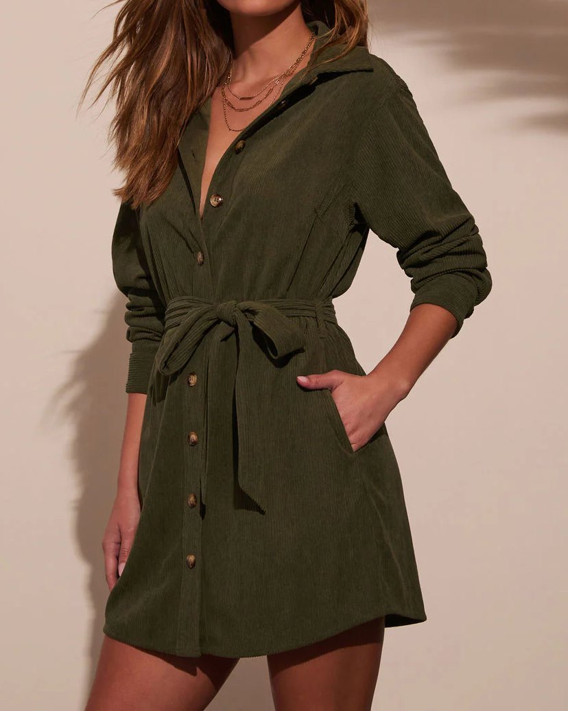 R.Vivimos Corduroy Cotton Mini Dress Fall Winter 2025 Casual Long Sleeve Button Down Belted Shirt Dress with Pockets4