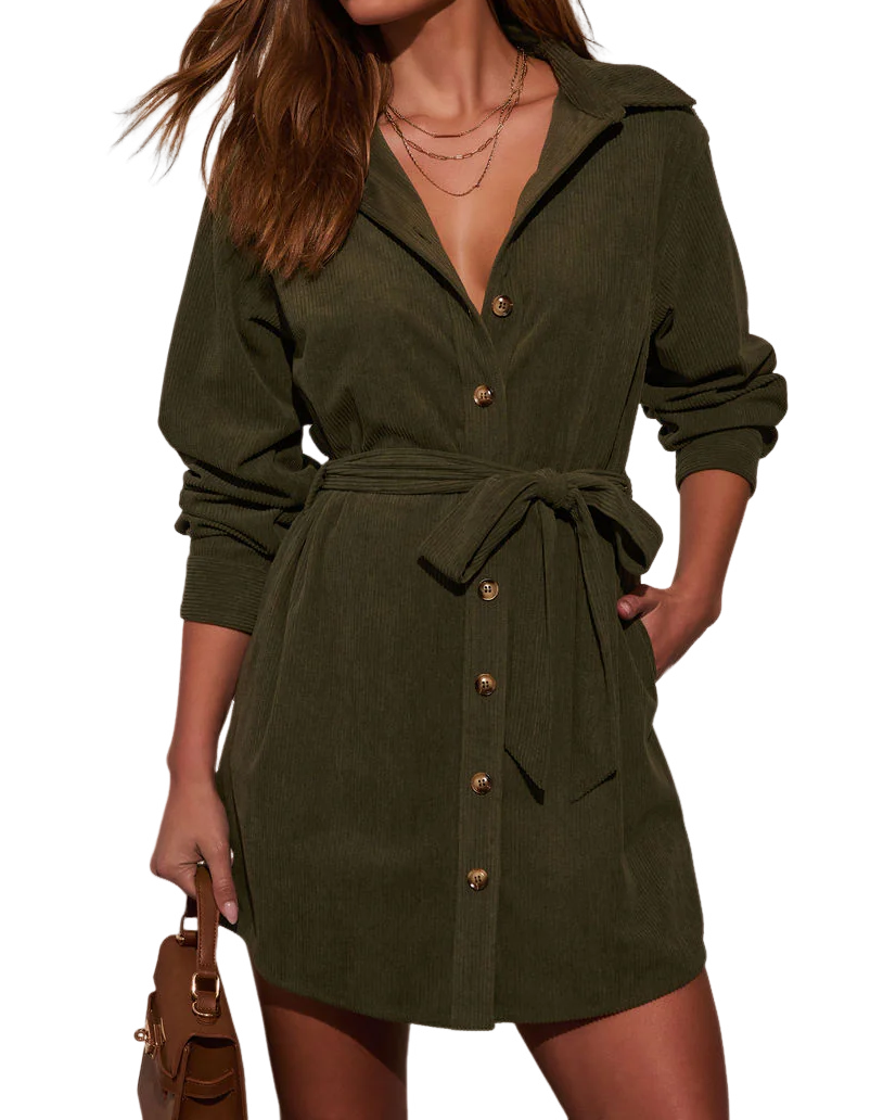 R.Vivimos Corduroy Cotton Mini Dress Fall Winter 2025 Casual Long Sleeve Button Down Belted Shirt Dress with Pockets3
